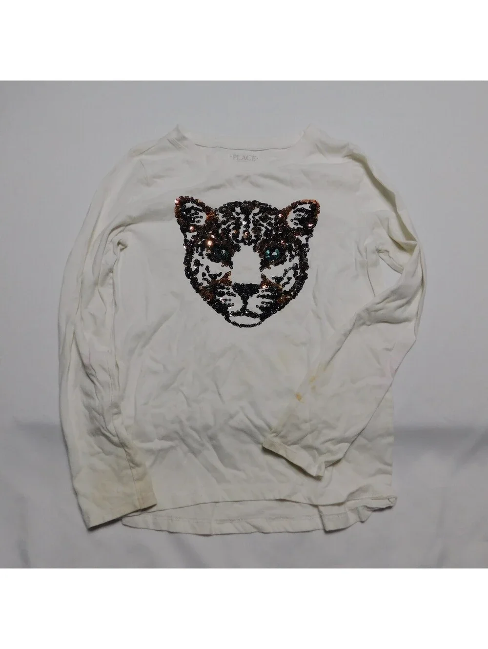 The Children's Place Girls White Sequin Leopard Face Long Sleeve Shirt Size L (1